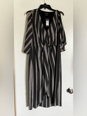City Chic Black and White Striped Knit Twist Front Dress